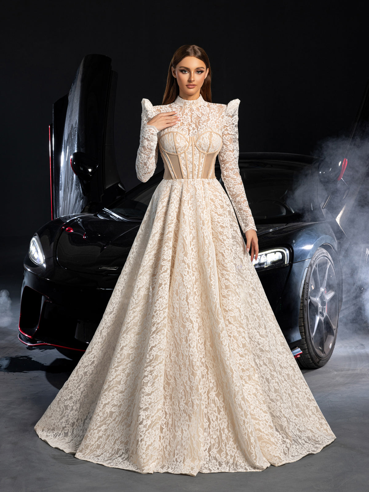 Gorgeous Mock Neck Long Sleeves Ball Hem Lace Wedding Dress