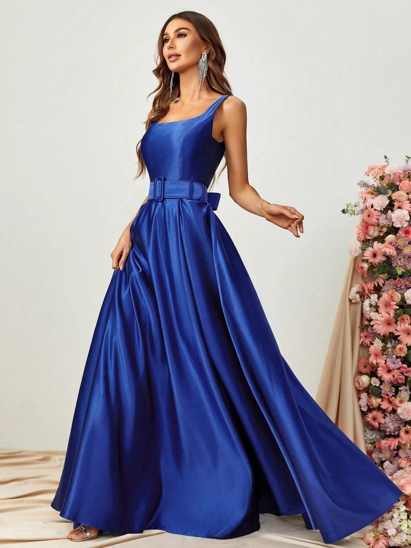 Square Collar Sleeveless Belt Satin Prom Dress - Elonnashop