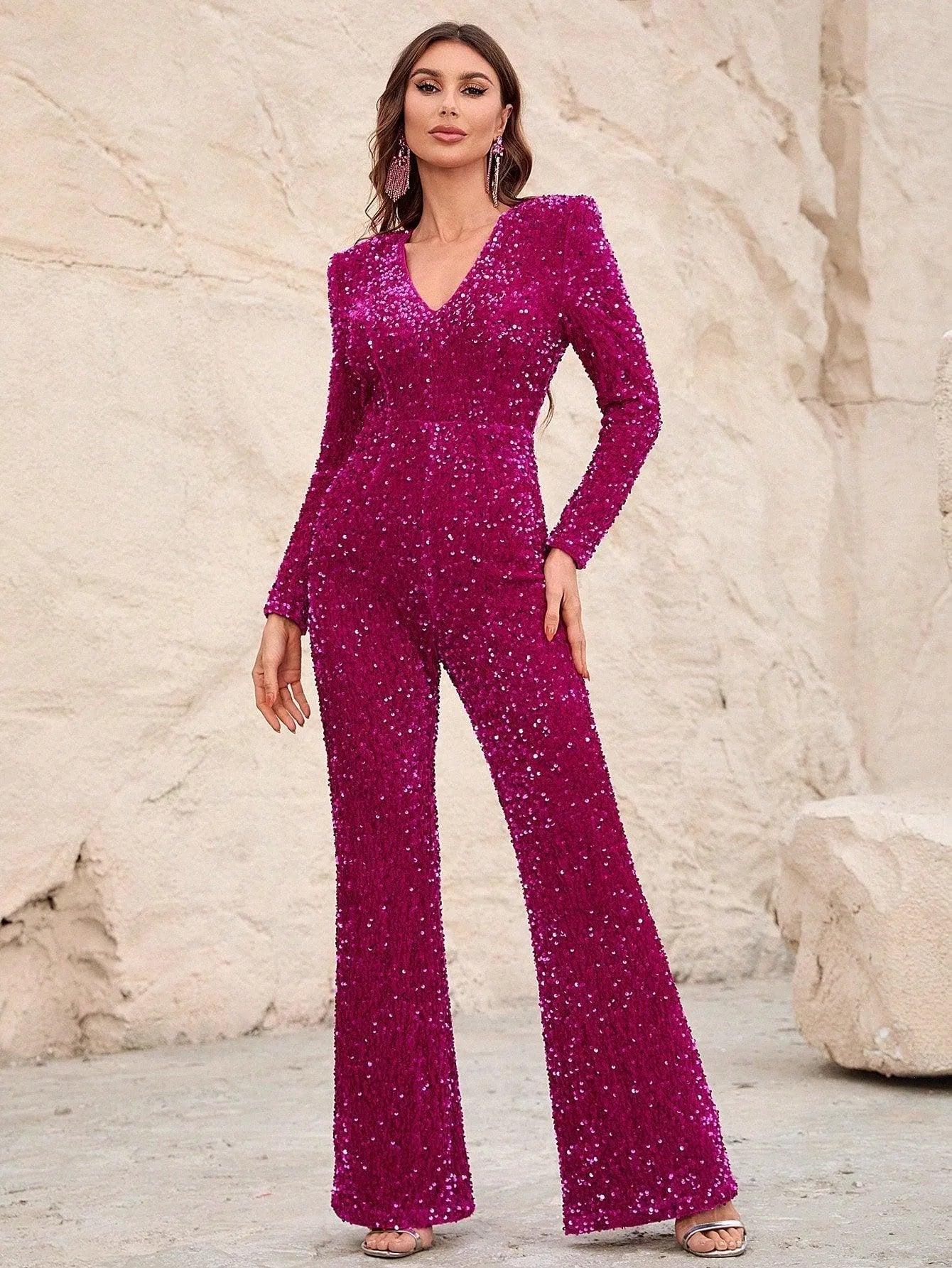 V Neck Long Sleeves Sequin Formal Jumpsuit - Elonnashop