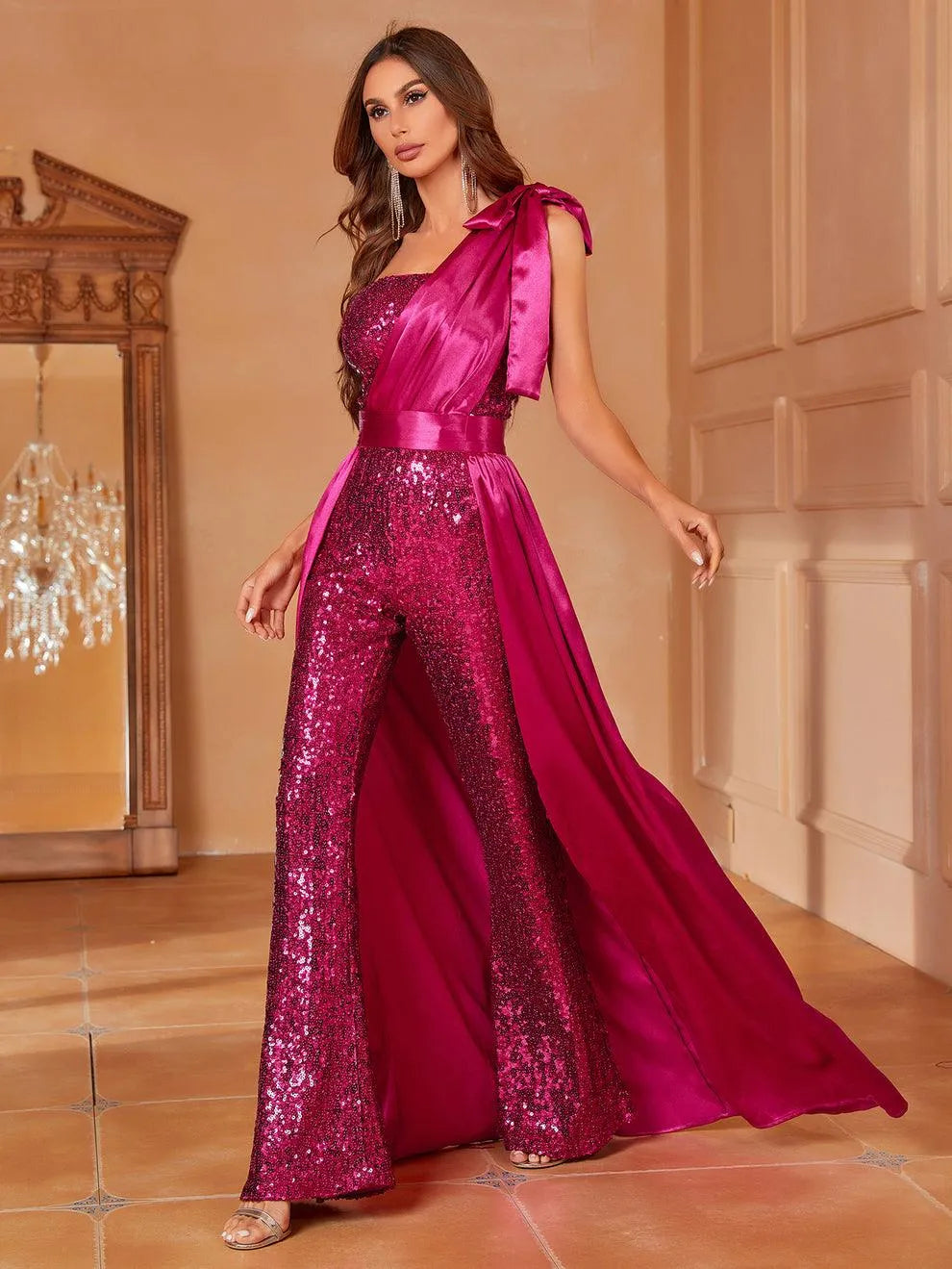 One Shoulder Sleeveless Satin Overlay Sequin Jumpsuit - Elonnashop