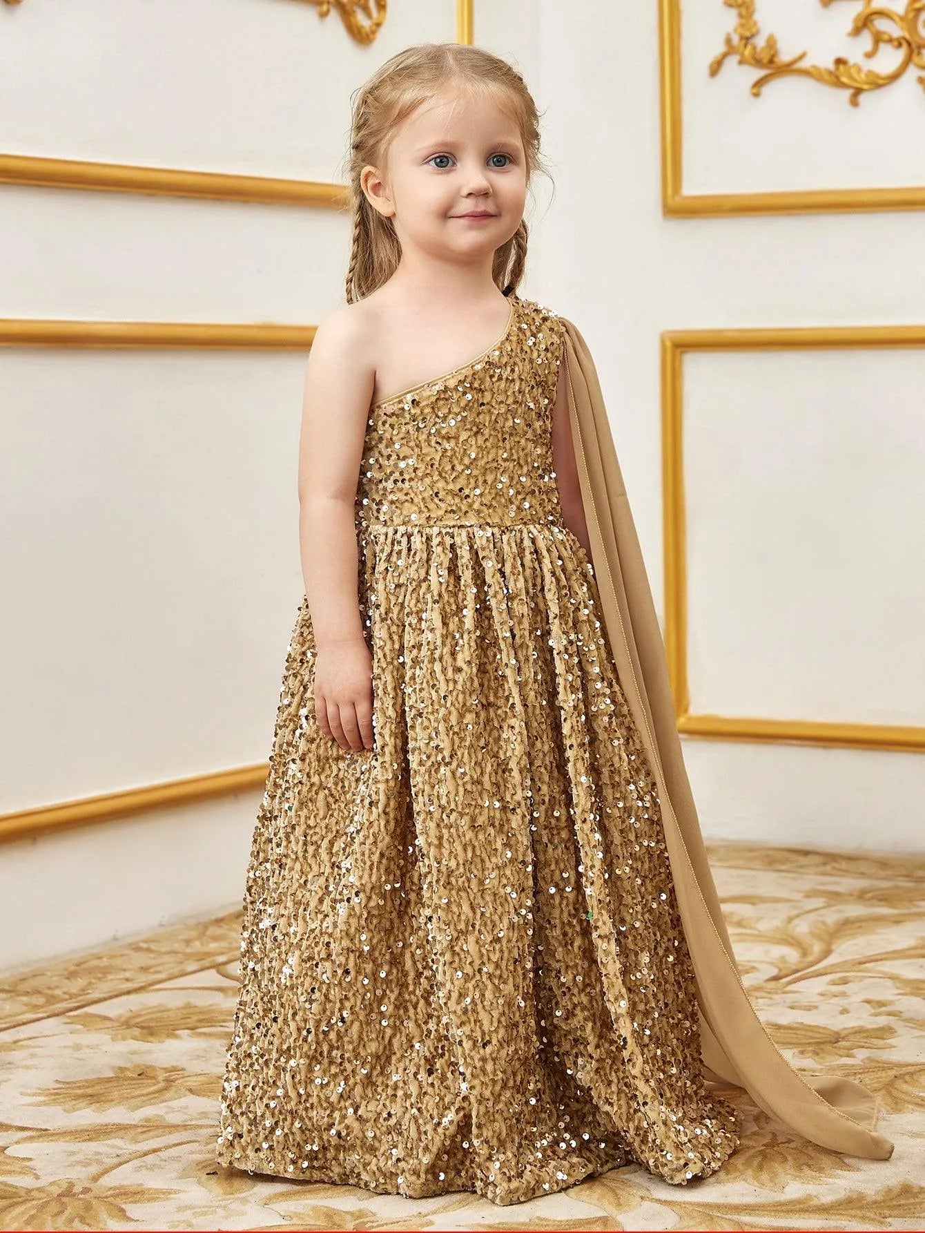 Young Girls' One Shoulder Draped Side Sequin A Line Dress - Elonnashop