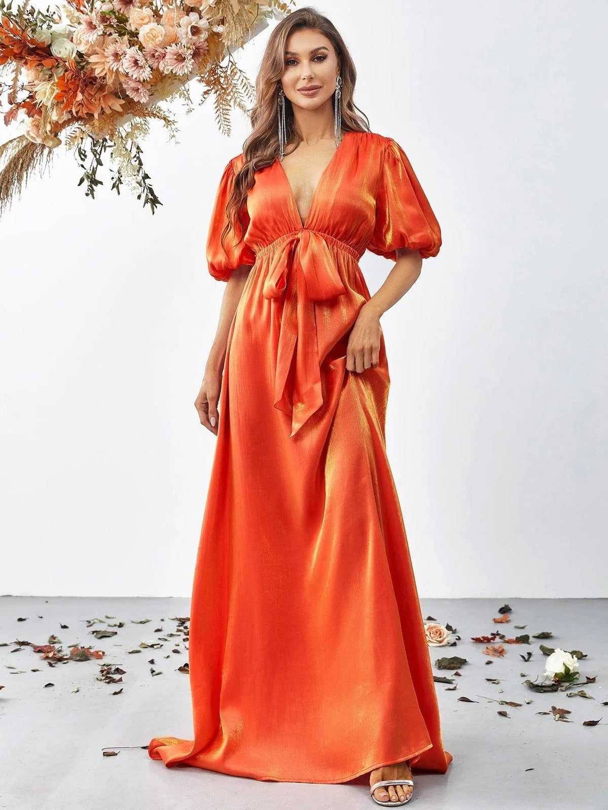 Orange Plunging Neck Puff Sleeve Belted Dress - Elonnashop