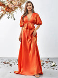 Orange Plunging Neck Puff Sleeve Belted Dress - Elonnashop