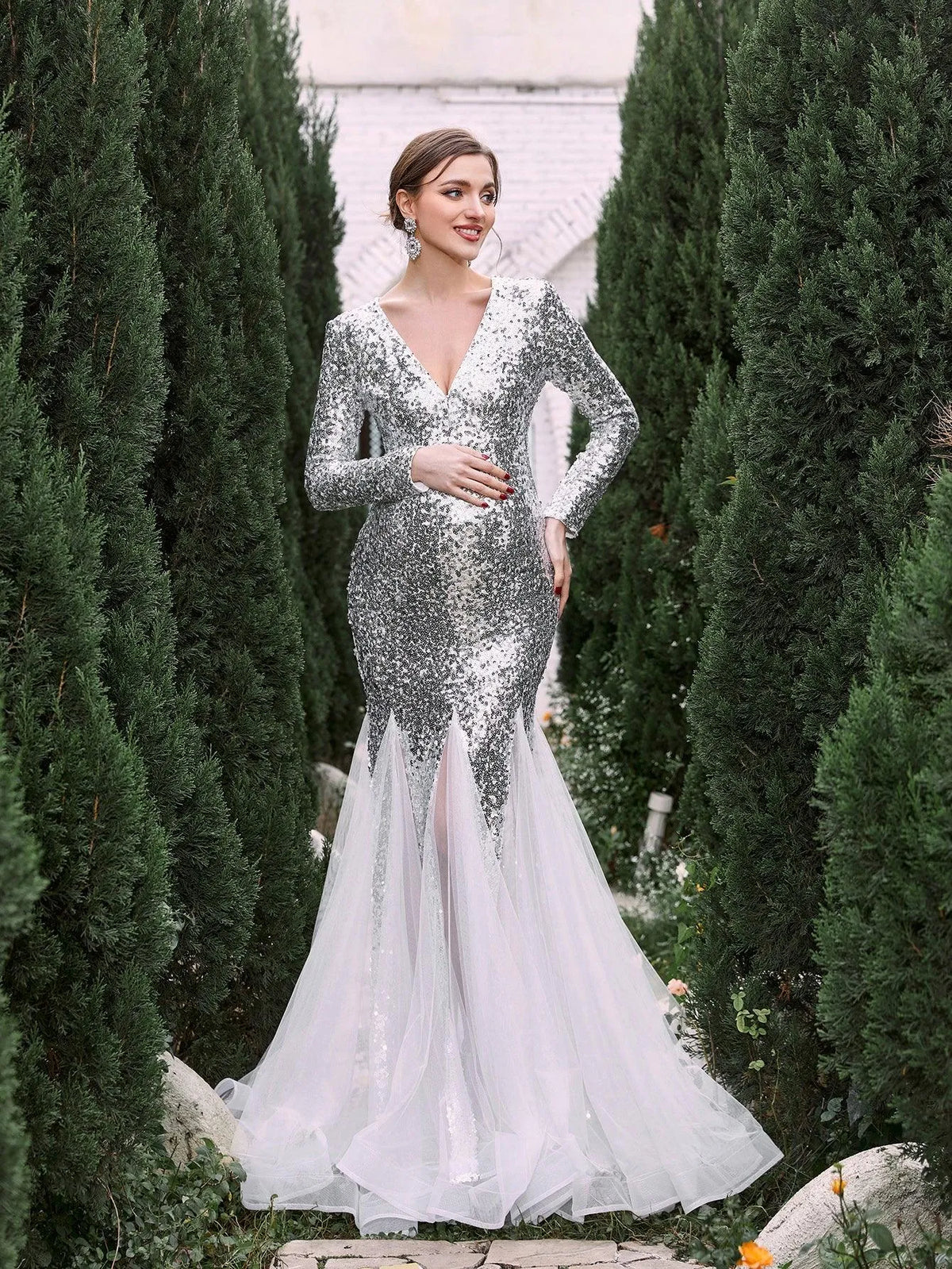 Maternity V Neck Long Sleeves Sequin Mermaid Dress - Elonnashop