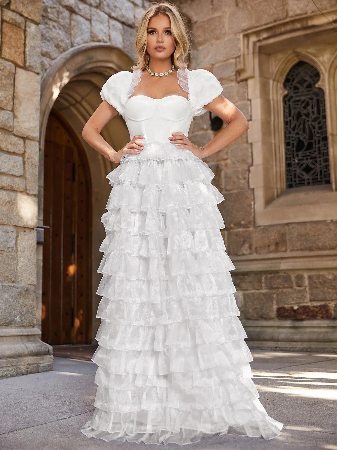 Elegant Puff Sleeve Layered Ruffle Hem Wedding Dress - Elonnashop