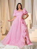 Plus Square Collar Ruffle Trim Puff Sleeves Organza Prom Dress