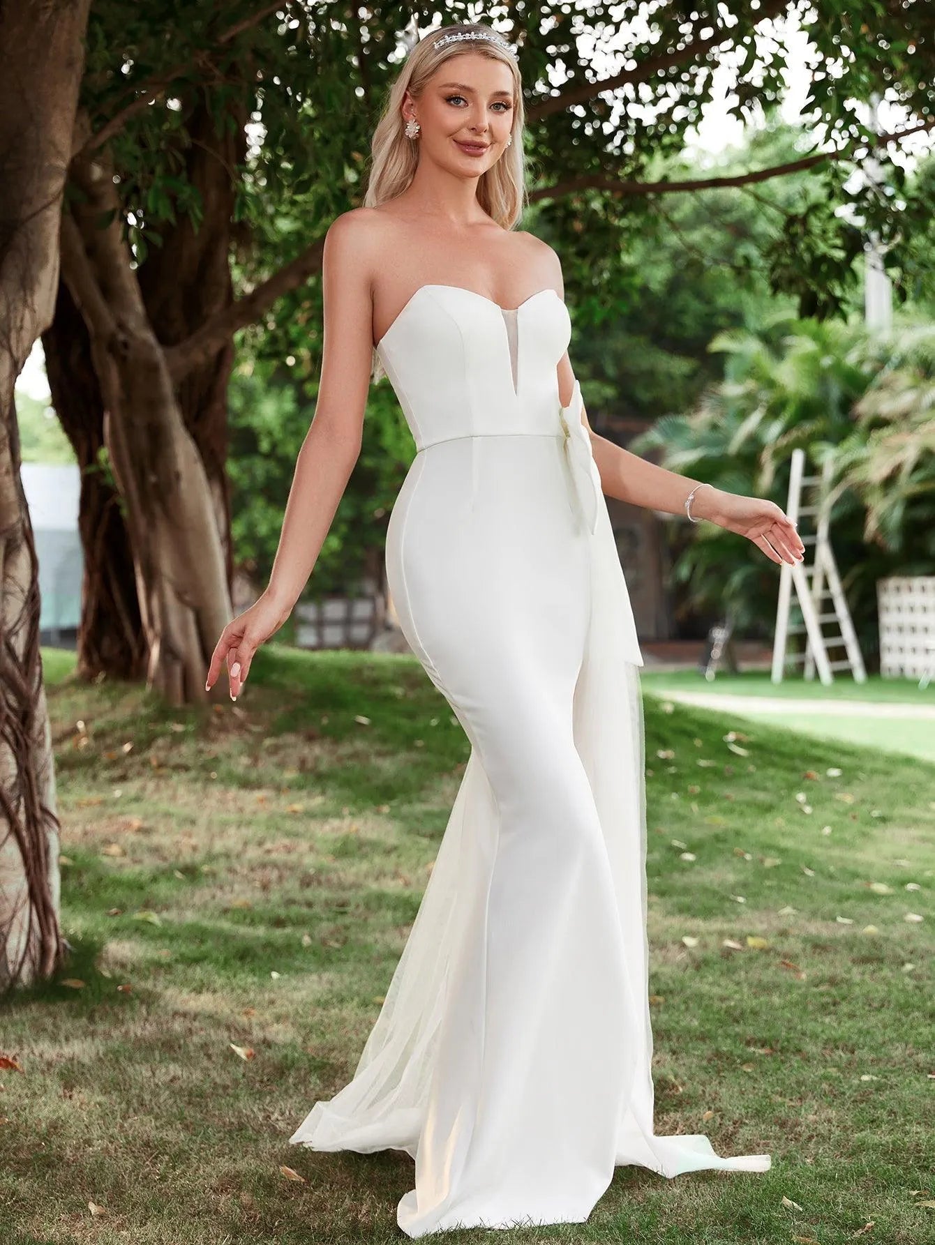 Draped Side Split Thigh Tube Wedding Dress - Elonnashop