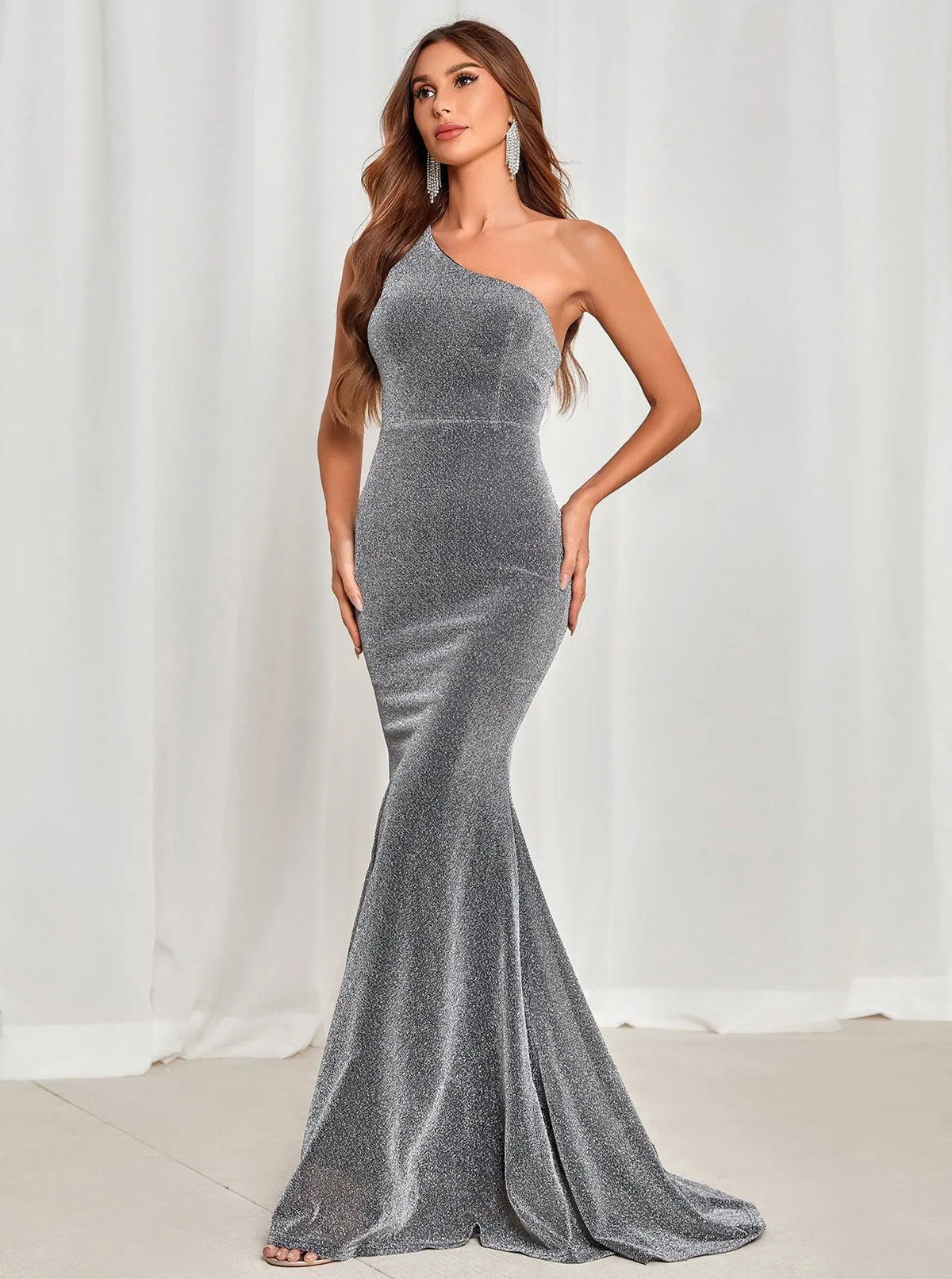 One Shoulder Backless Mermaid Hem Glitter Dress - Elonnashop