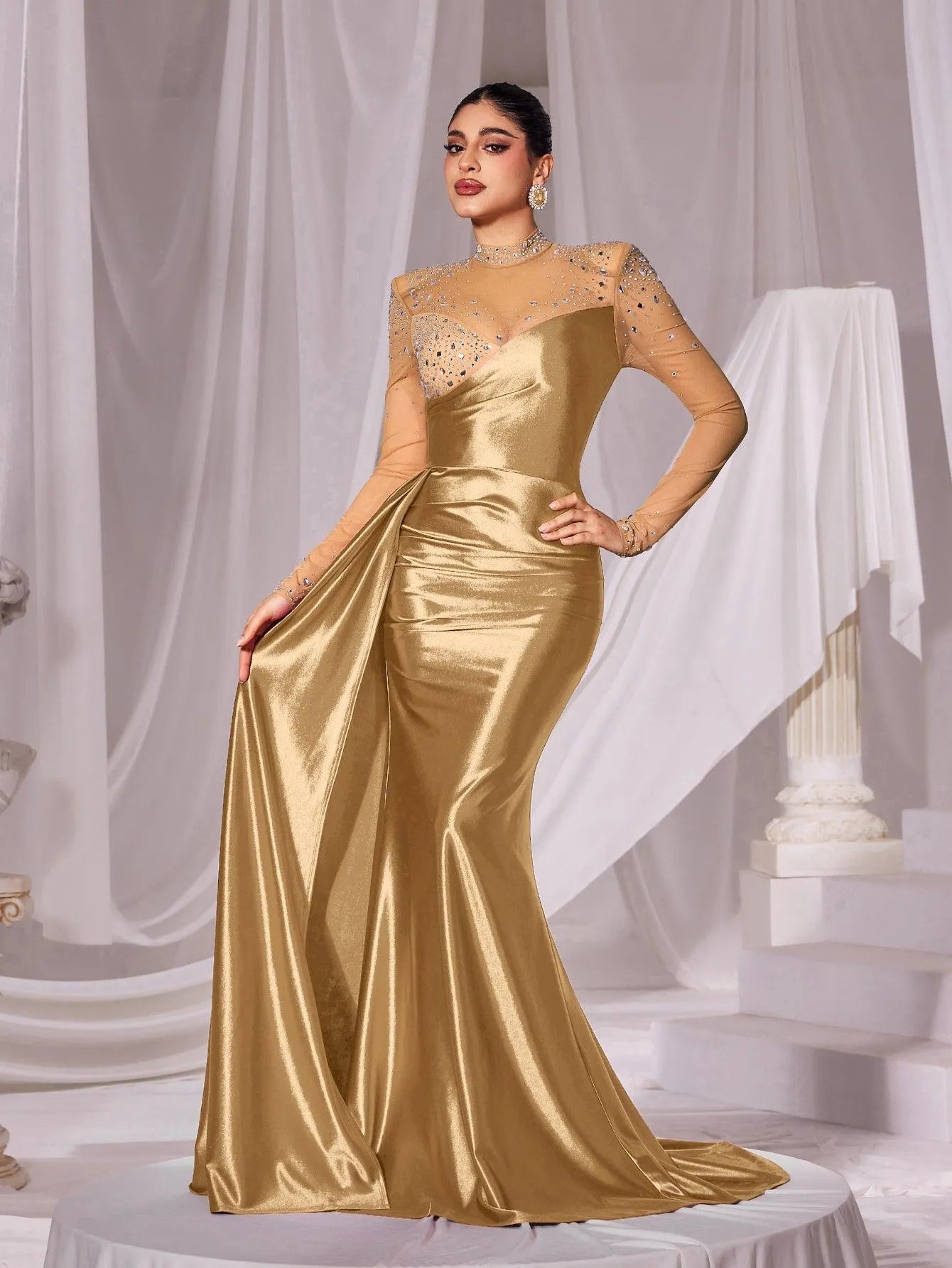 Rhinestone Detail Mock Neck Satin Mermaid Prom Dress - Elonnashop