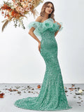 Off Shoulder Ruffle Trim Split Thigh Sequin Mermaid Dress - Elonnashop