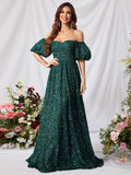 Elegant Off Shoulder Puff Sleeves Sequin A Line Dress - Elonnashop