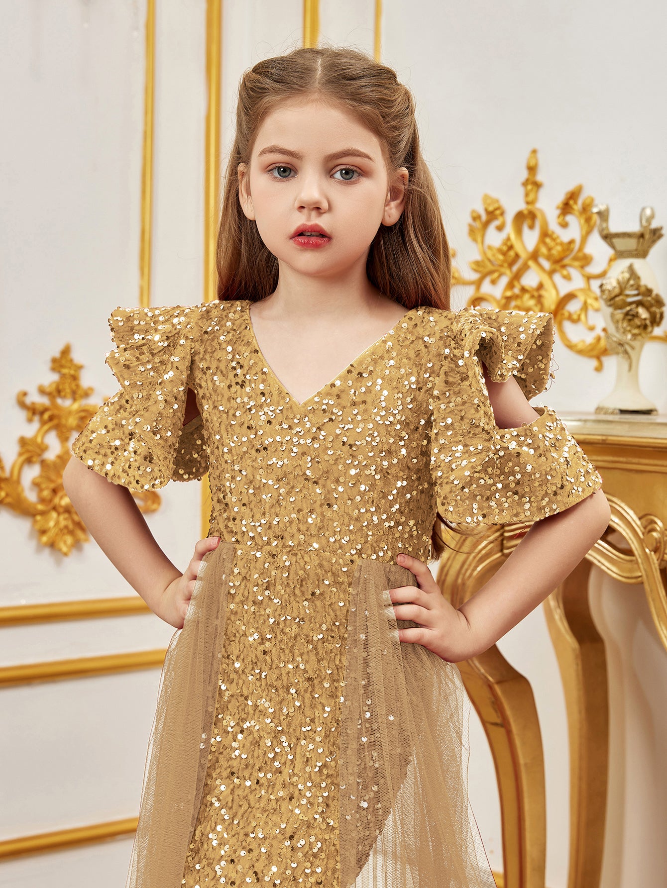 Tween Girls' V Neck Ruffle Sleeves Mesh Overlay Sequin Party Dress