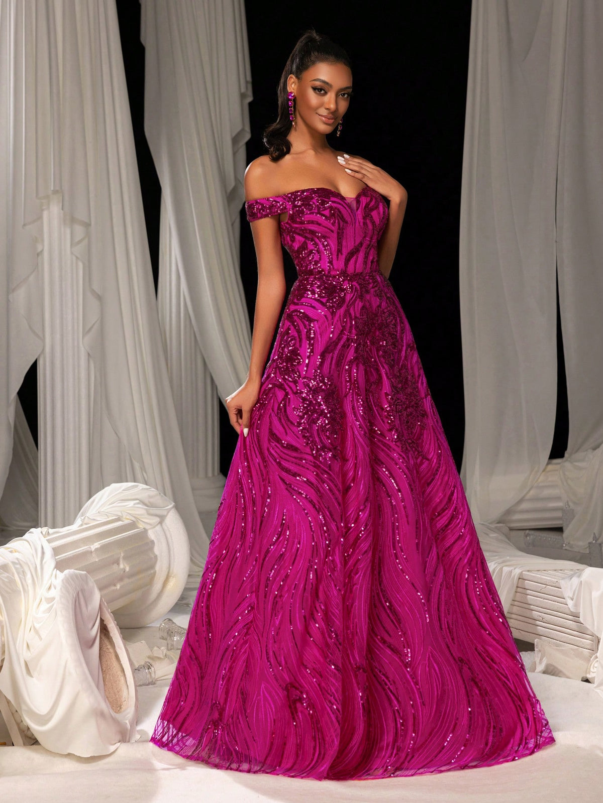 Elegant Off Shoulder Graphic Sequin Formal Prom Dress Evening Dress