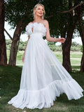 Floral Trim Layered Hem Mesh Tube Wedding Dress - Elonnashop