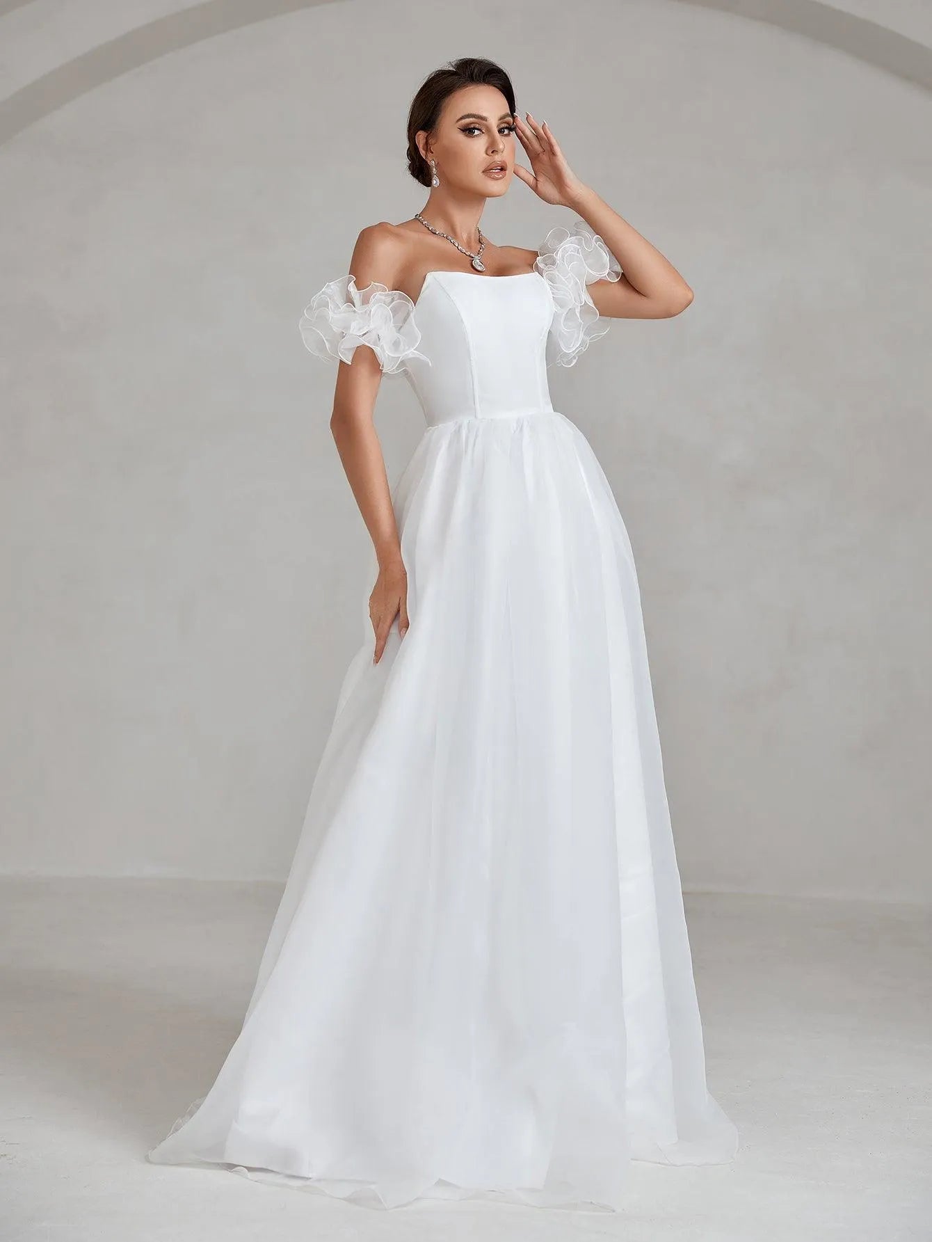 Ruffle Sleeve Organza Tube Wedding Dress - Elonnashop