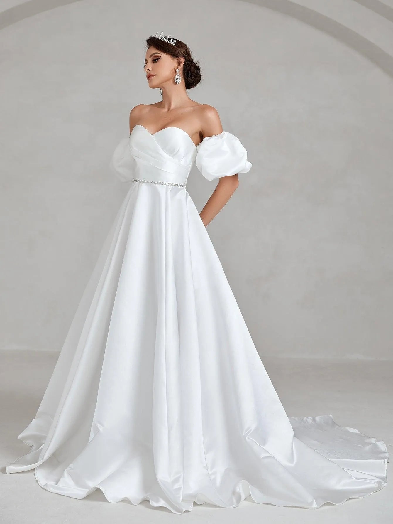 Puff Sleeve Rhinestone Waistband Satin Tube Wedding Dress - Elonnashop