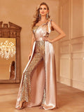 One Shoulder Sleeveless Satin Overlay Sequin Jumpsuit - Elonnashop