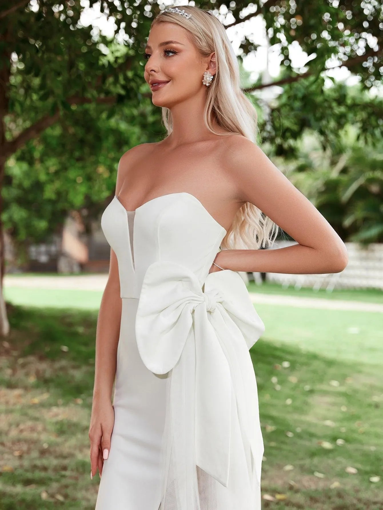 Draped Side Split Thigh Tube Wedding Dress - Elonnashop