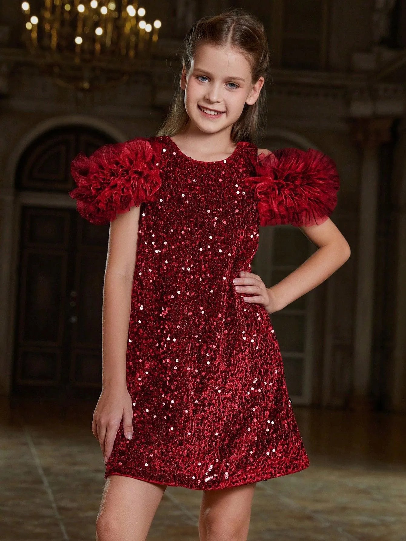 Tween Girls' Ruffle Trim Sequin Party Dress - Elonnashop