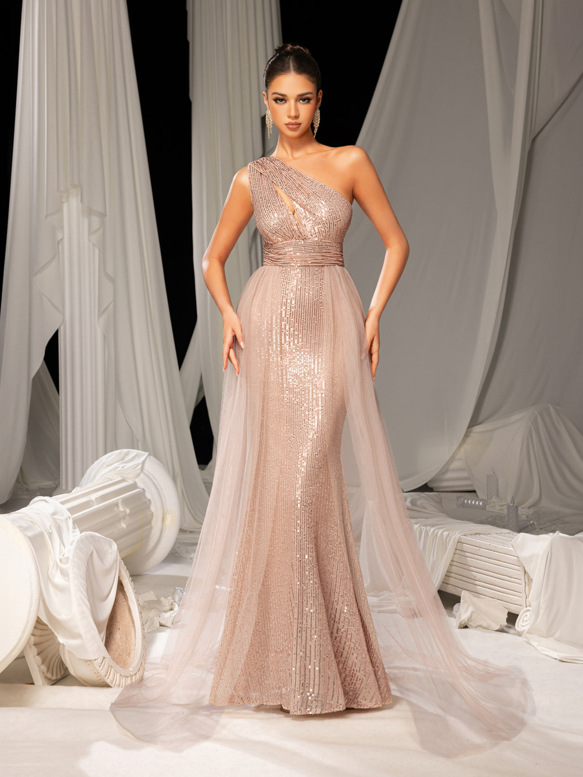 Elegant One Shoulder Sleeveless Mesh Overlay Sequin Formal Prom Dress