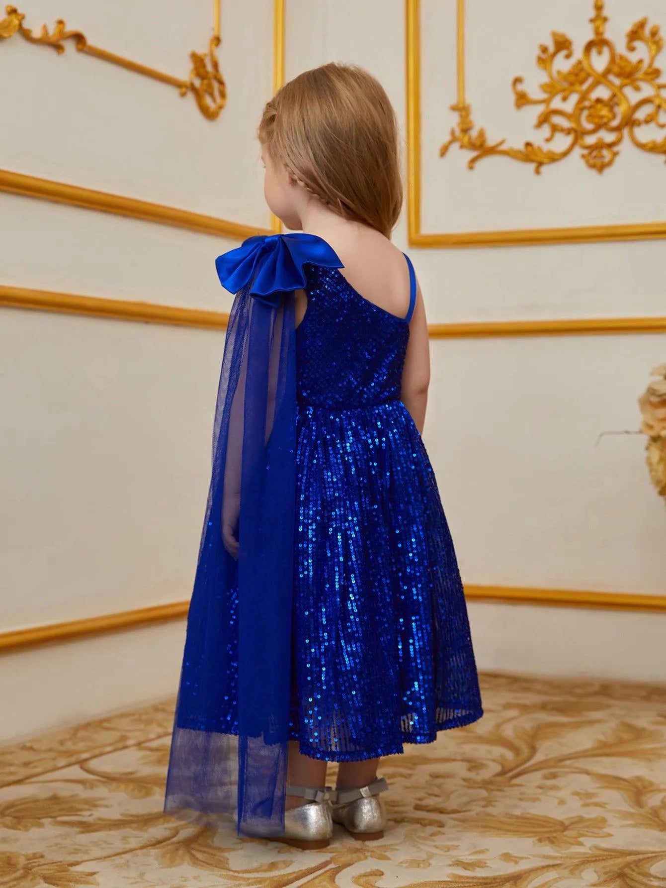 Young Girls' Bow Detail Draped Side Sequin Midi Dress - Elonnashop