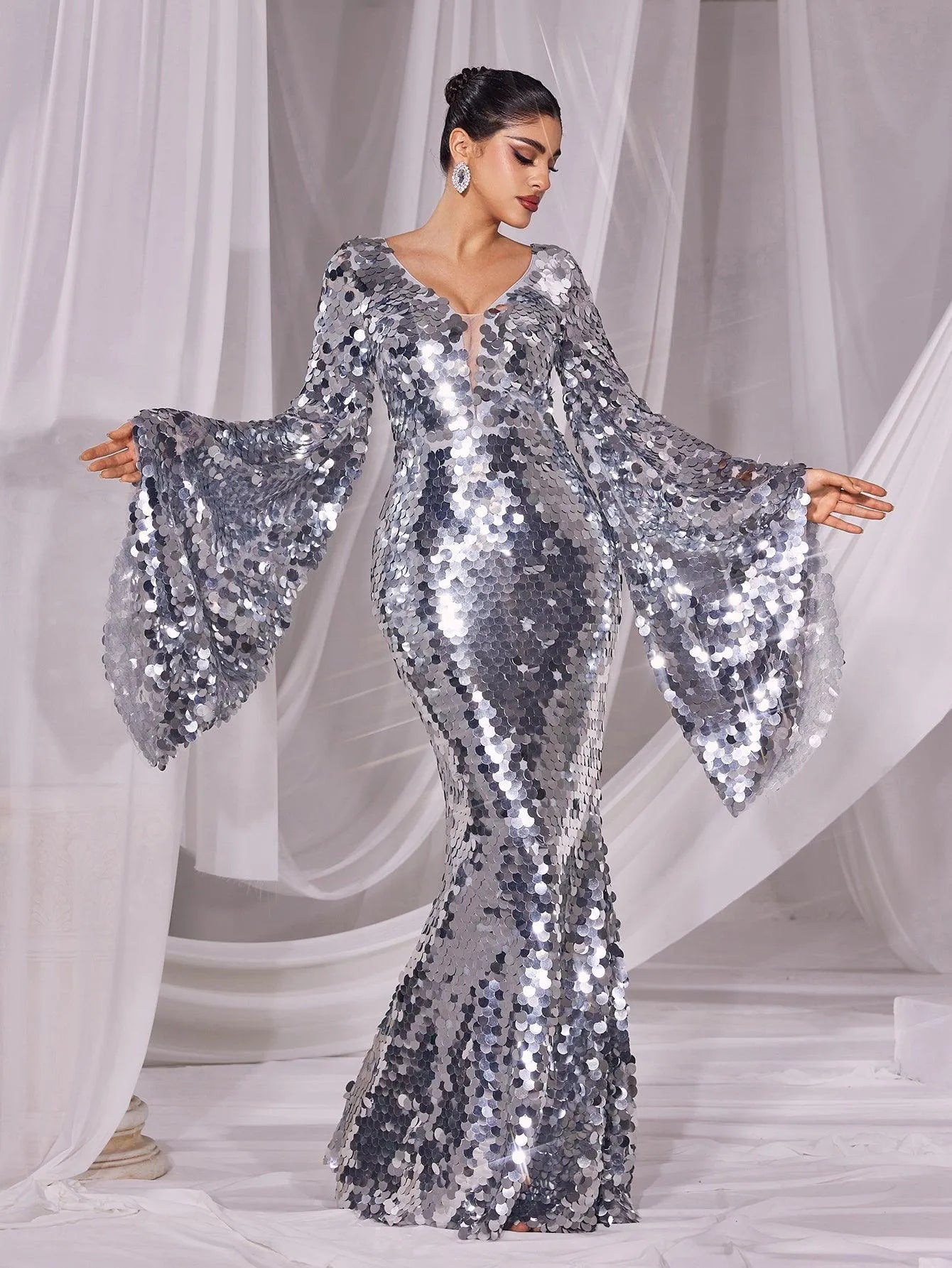 Plunging Neck Flared Sleeves Sequin Mermaid Dress - Elonnashop