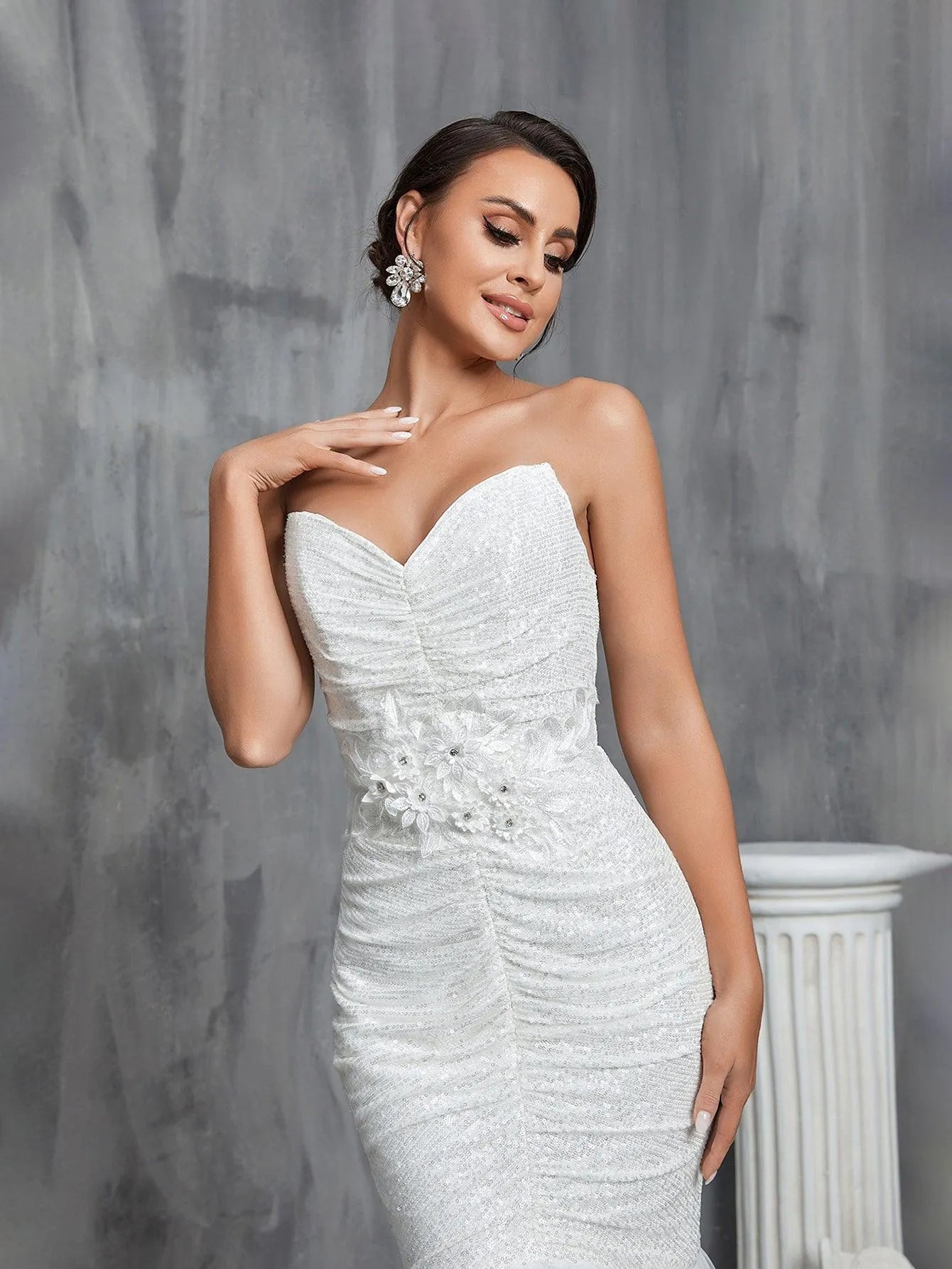 Ruched Front Mermaid Hem Sequin Tube Wedding Dresses - Elonnashop