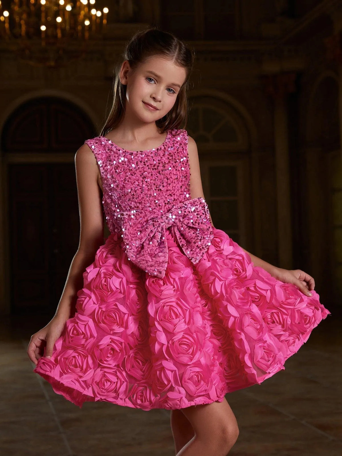 Tween Girls' Cute Applique Contrast Sequin Party Dress - Elonnashop