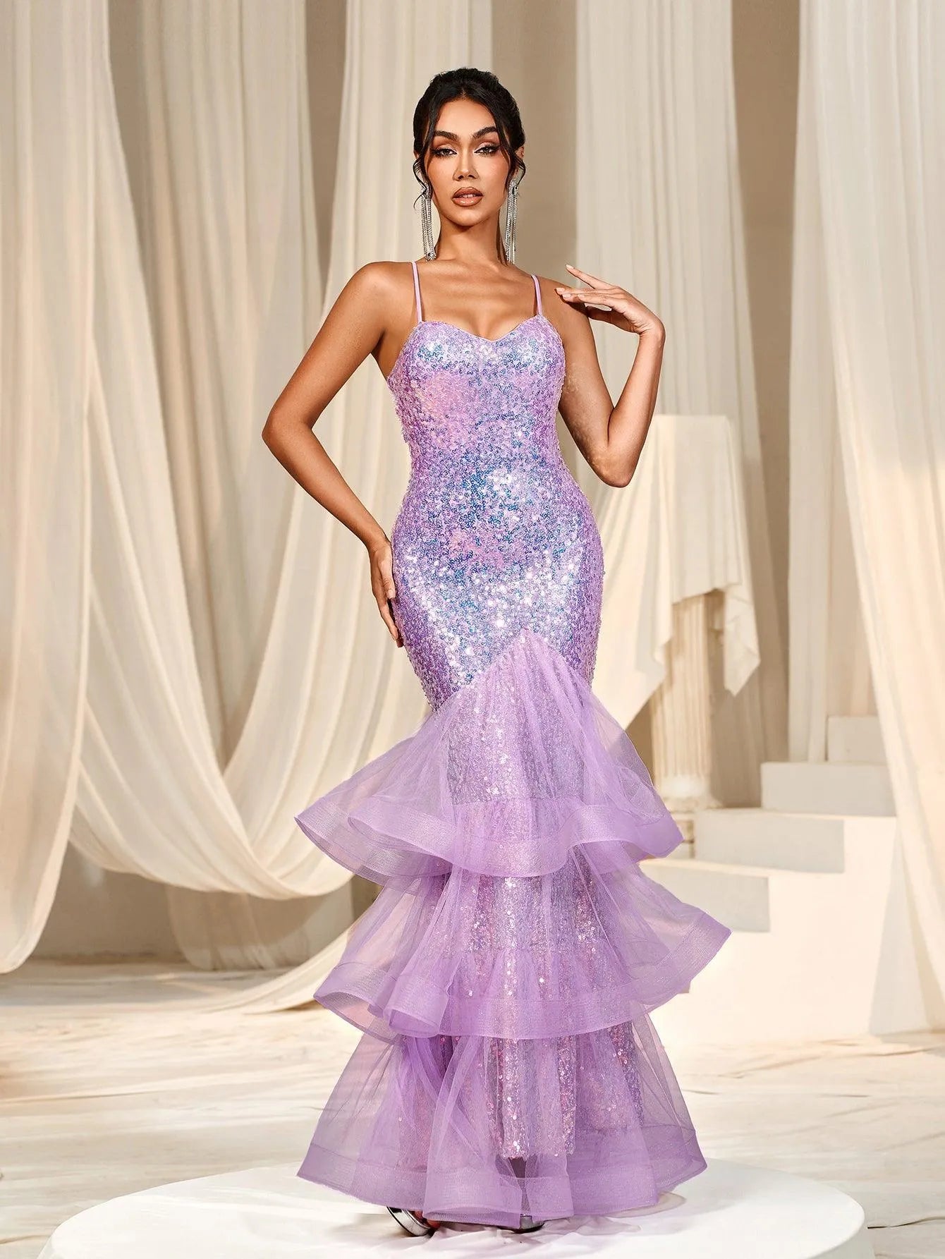 Backless Mermaid Hem Sequin Slip Prom Dress - Elonnashop