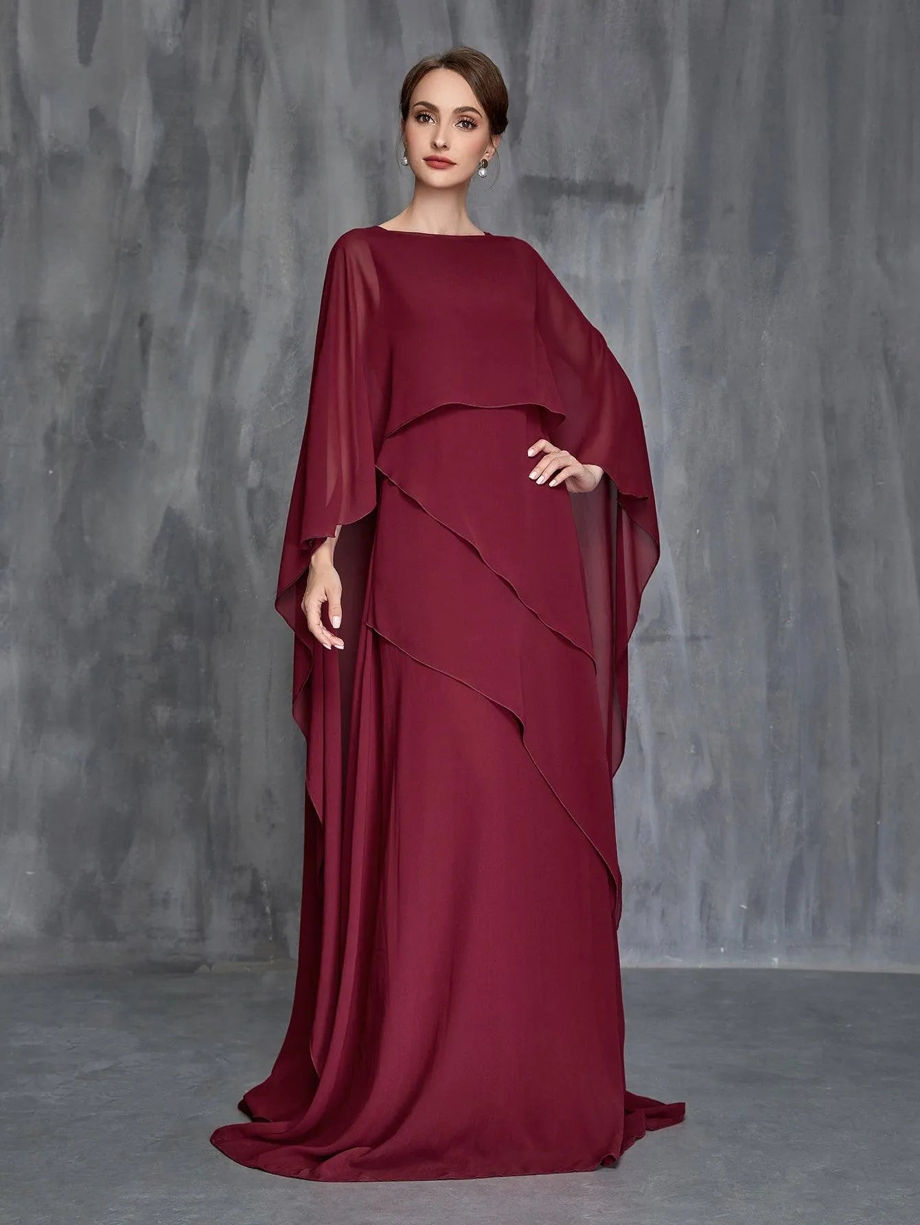 Womens' Solid Layered Hem Chiffon Cape Gown - Elonnashop