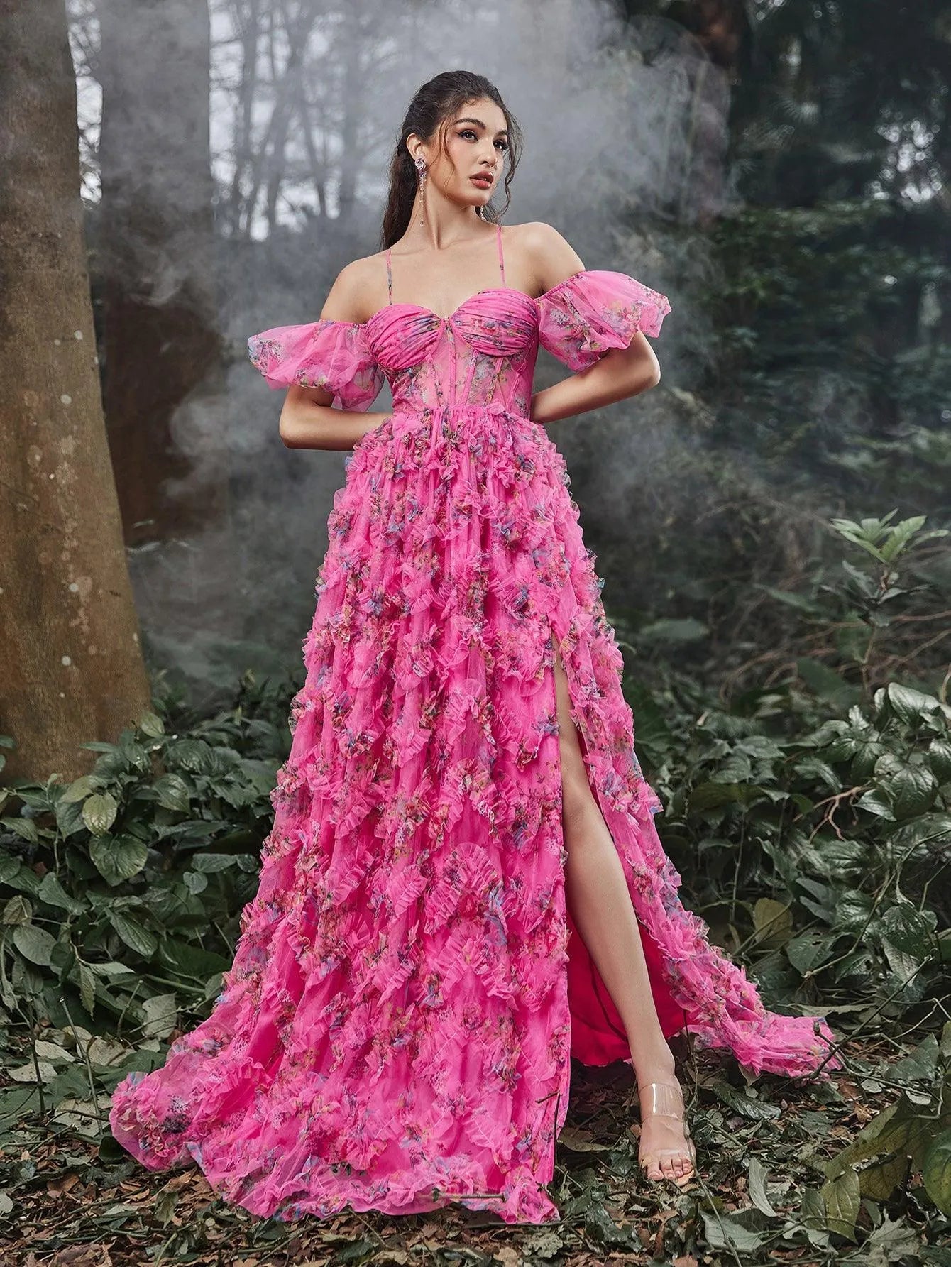 Floral Tulle Off Shoulder Puff Sleeves Slip Prom Dress - Elonnashop