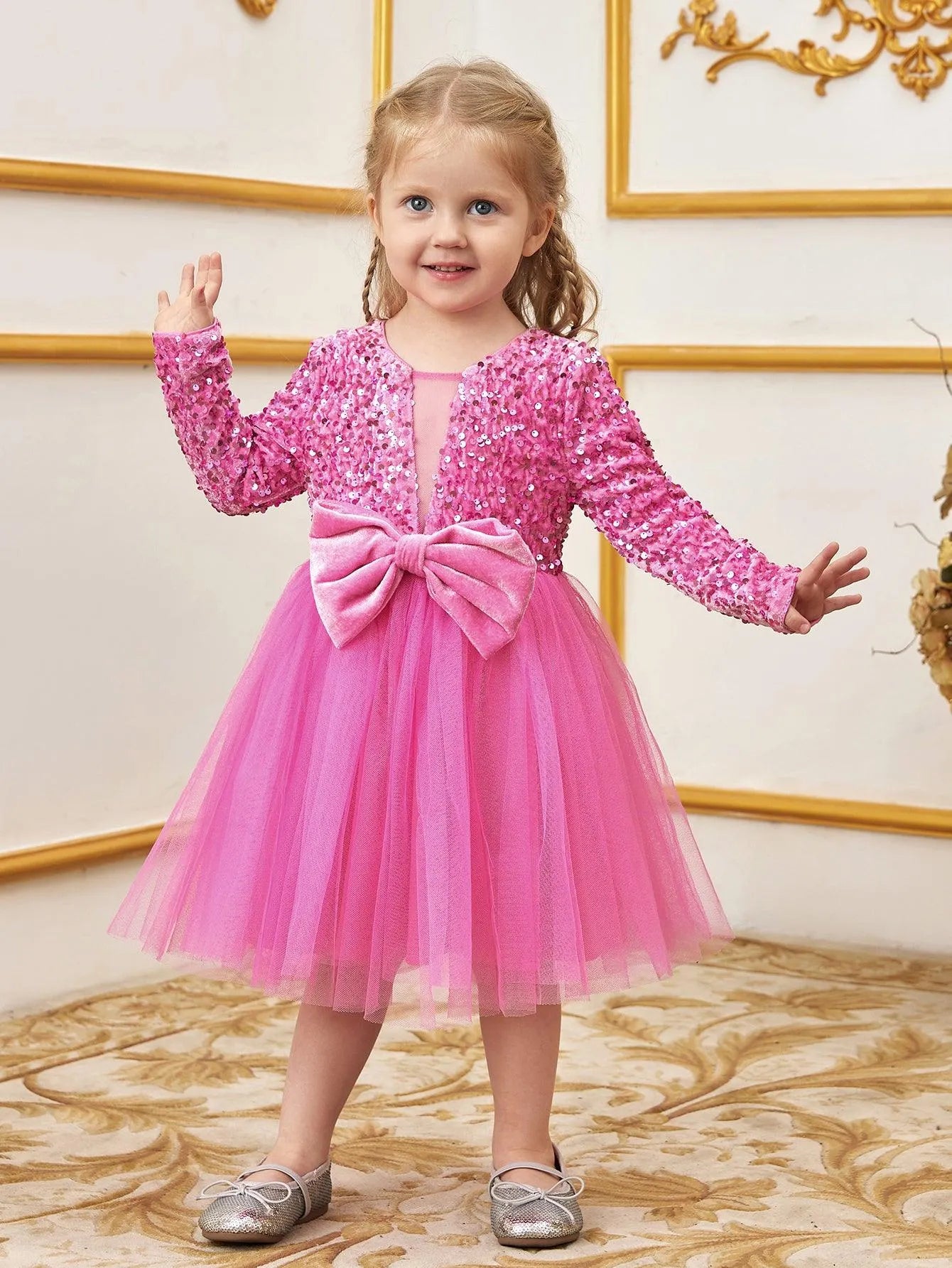 Young Girls' Cute Bow Front Long Sleeve Party Dress - Elonnashop