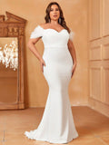 Plus Off Shoulder Mermaid Hem Wedding Dress - Elonnashop