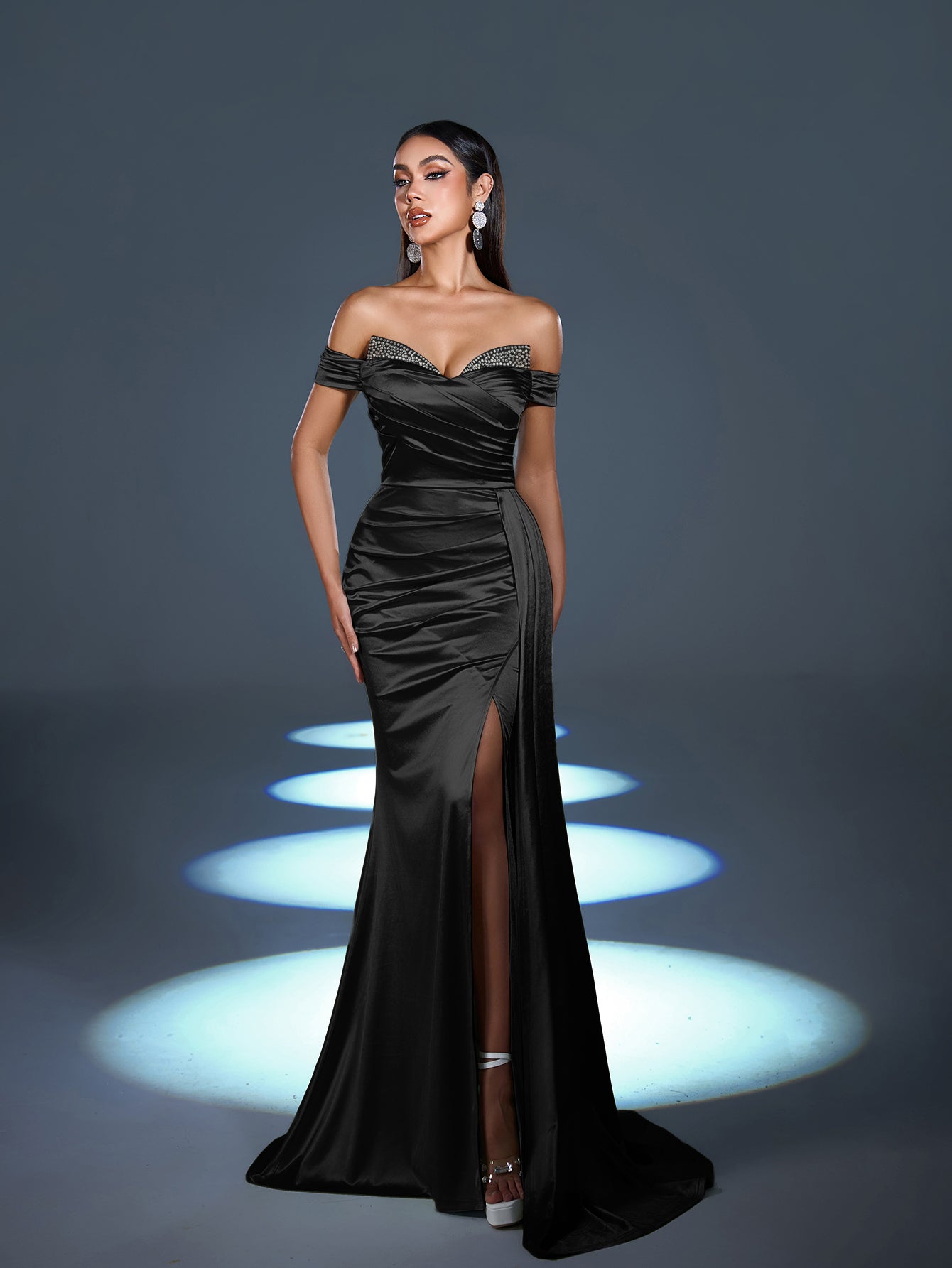 Elegant Satin Off-Shoulder Mermaid Gown | Sculpted Ruching & High Thigh Slit