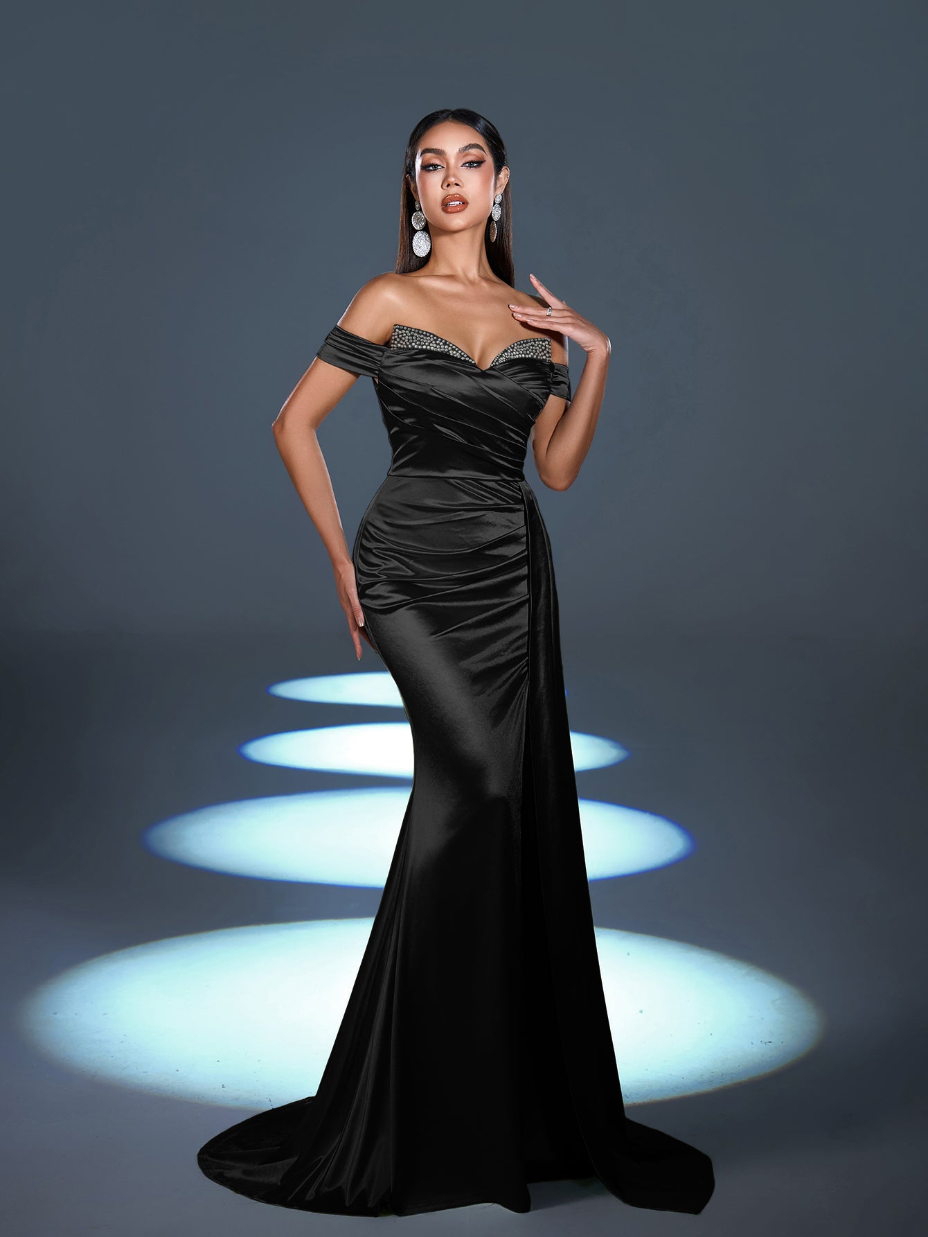 Elegant Satin Off-Shoulder Mermaid Gown | Sculpted Ruching & High Thigh Slit