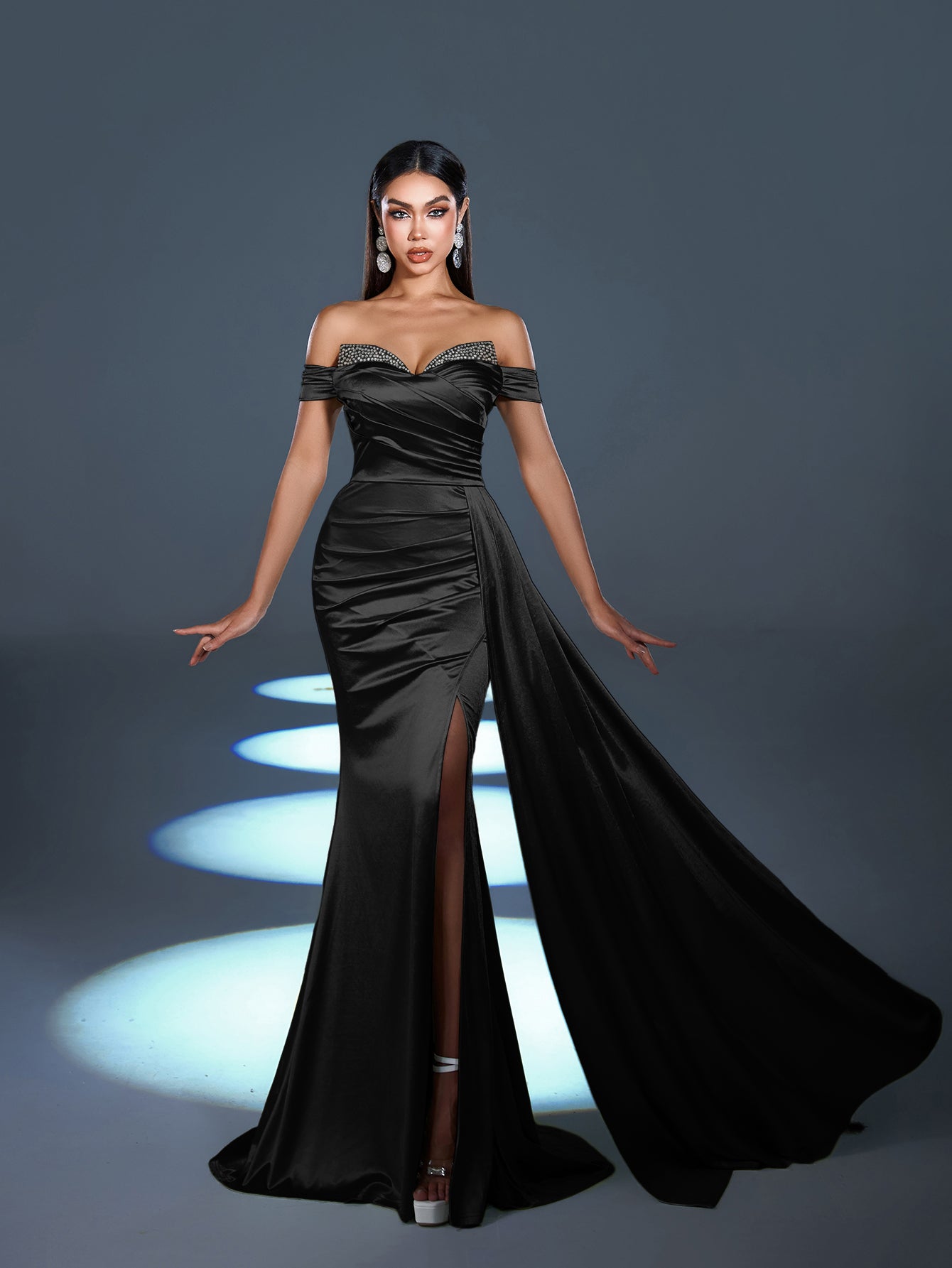 Elegant Satin Off-Shoulder Mermaid Gown | Sculpted Ruching & High Thigh Slit
