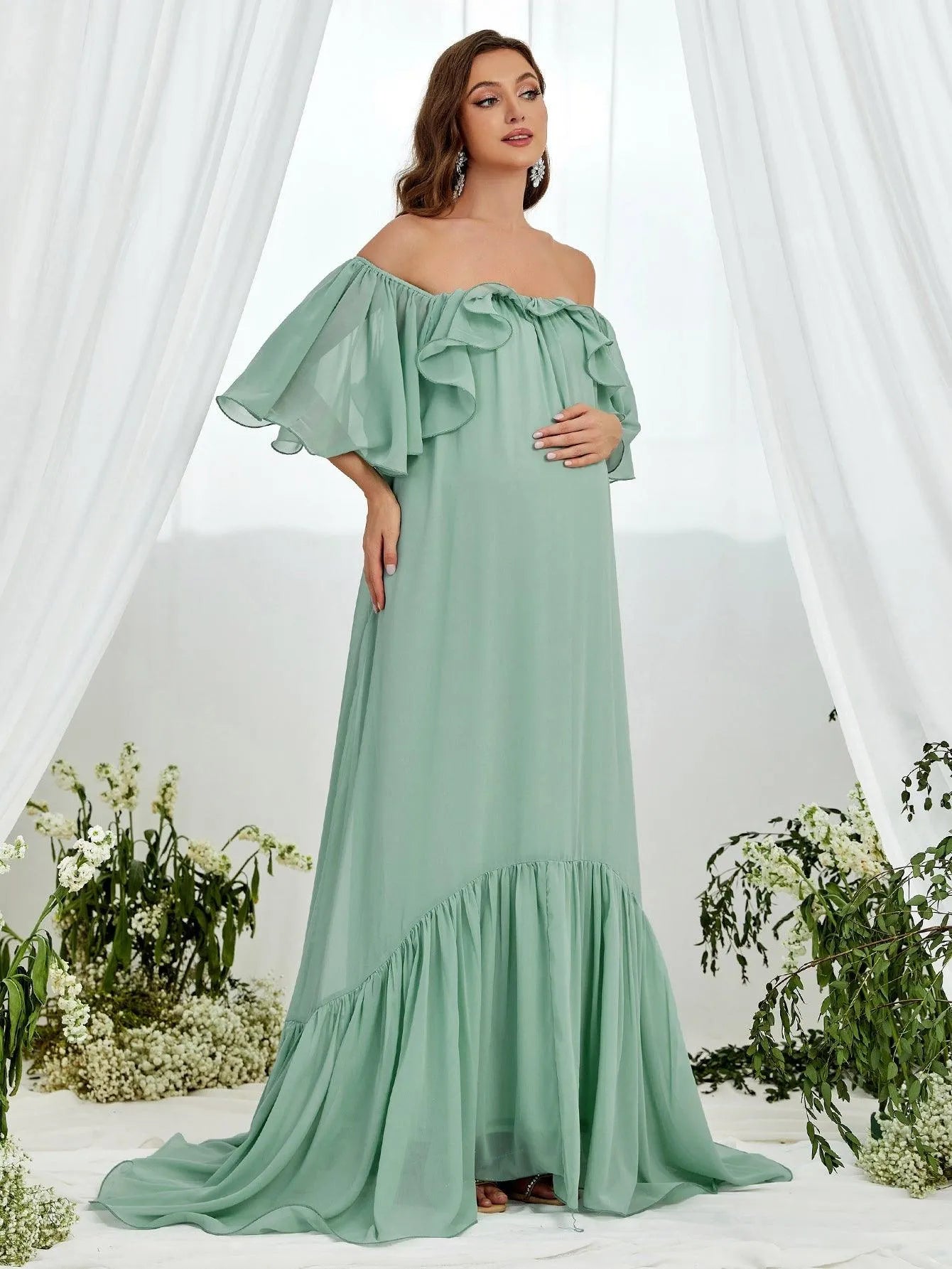 Maternity Off Shoulder Layered Ruffle Sleeves Chiffon Dress - Elonnashop