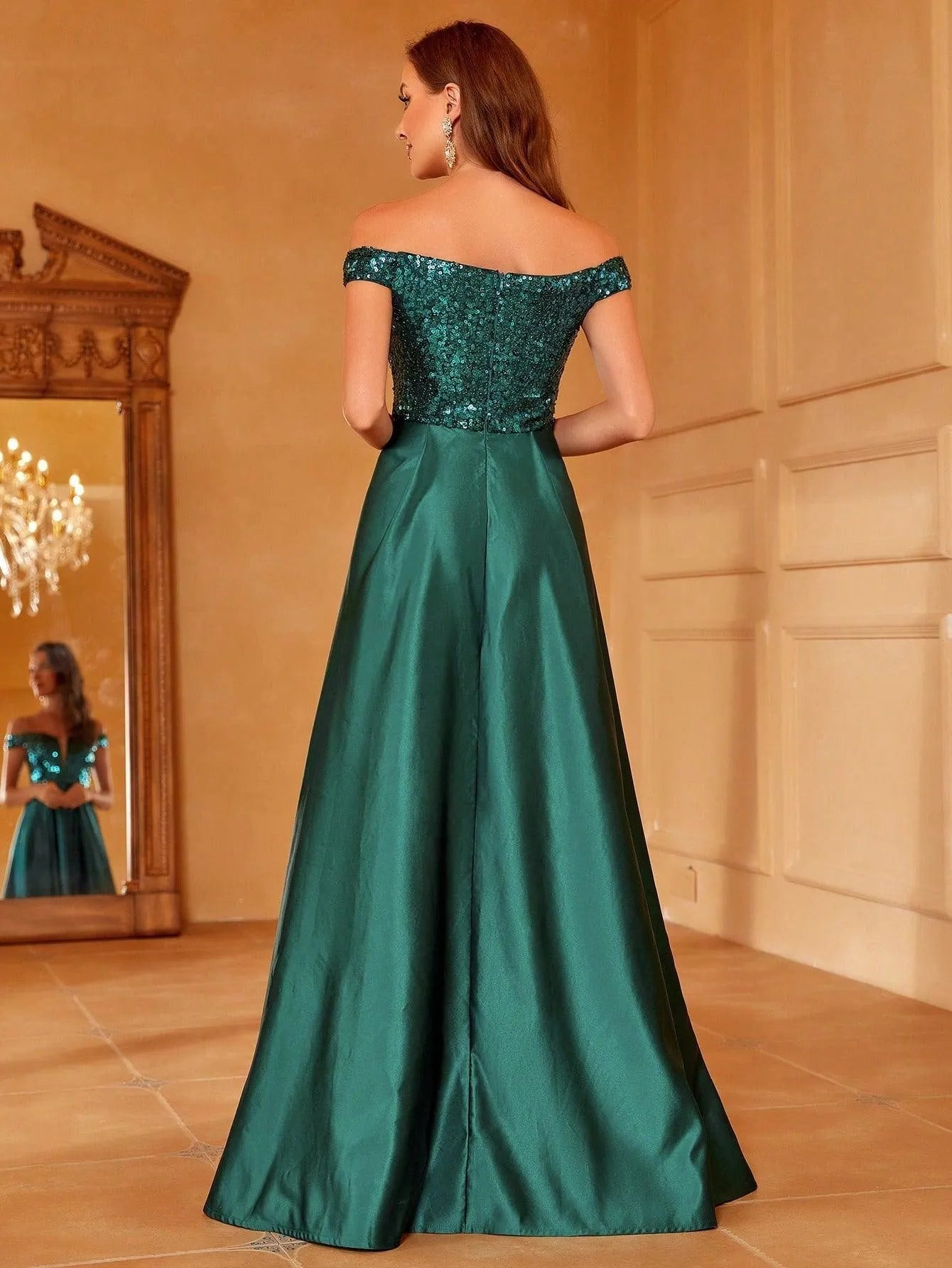 Off Shoulder Contrast Sequin Satin Prom Dress - Elonnashop