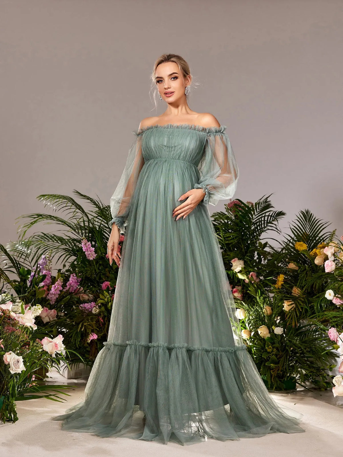 Maternity Ruffle Trim Off Shoulder Lantern Sleeves Tulle Evening Dress