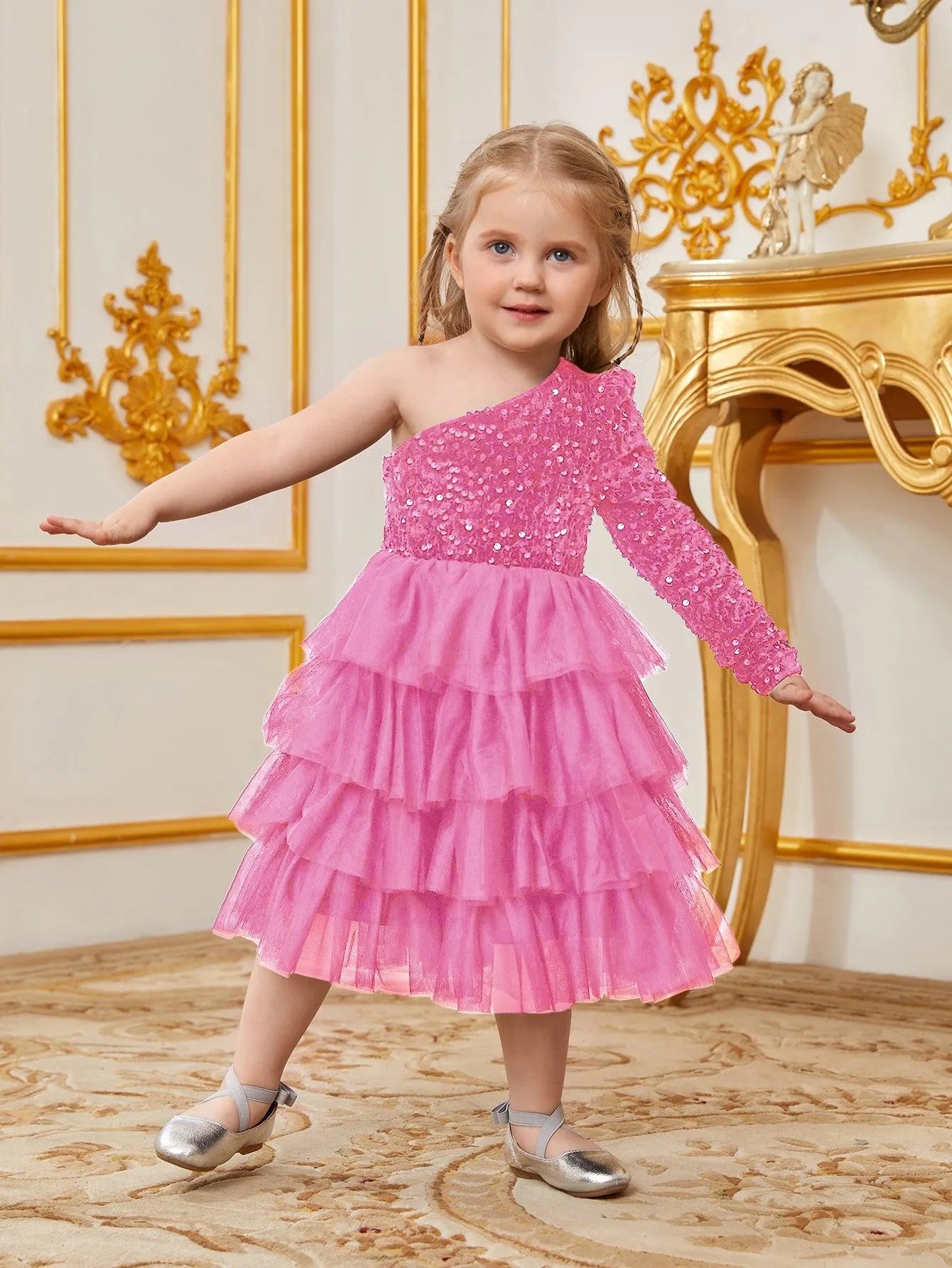 Young Girls' One Shoulder Mesh Lyaered Hem Party Dress - Elonnashop