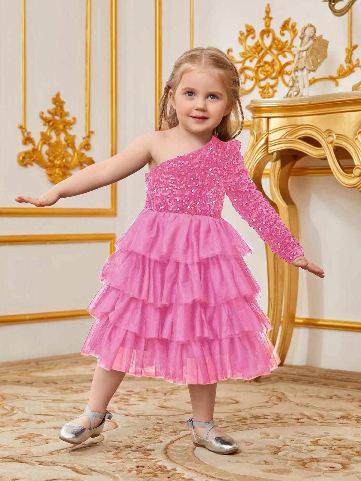 Young Girls' One Shoulder Mesh Lyaered Hem Party Dress - Elonnashop