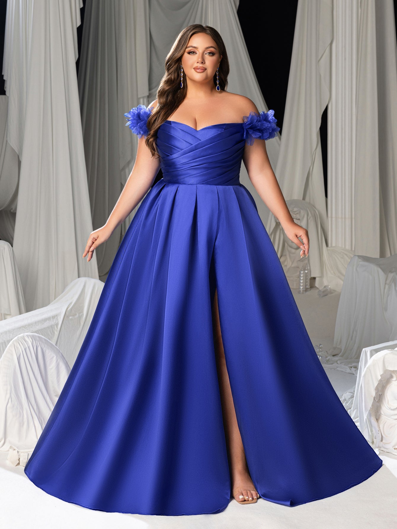 Plus Off-Shoulder Evening Gown with 3D Floral Appliqué | High Thigh Slit & Laced Back