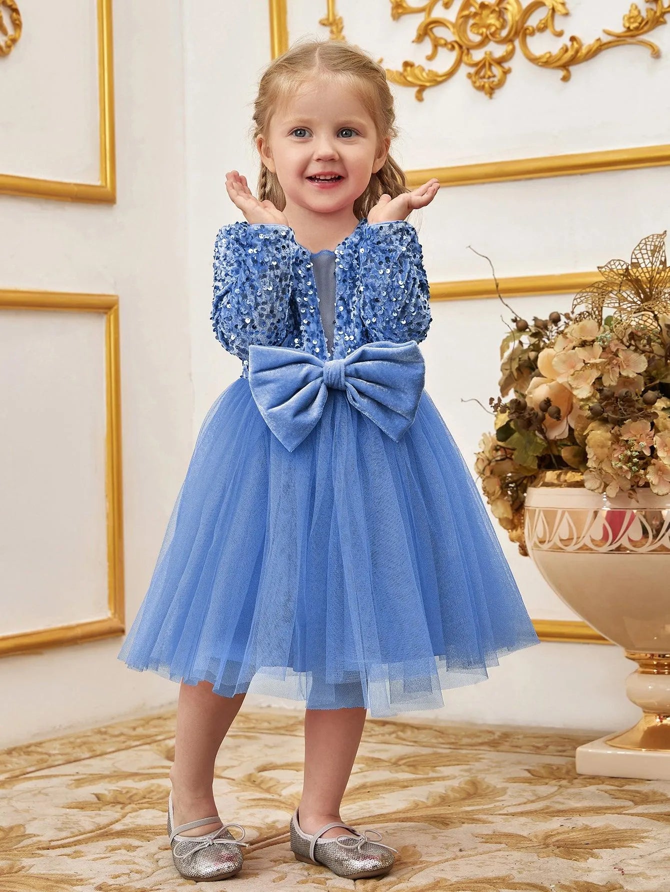 Young Girls' Cute Bow Front Long Sleeve Party Dress - Elonnashop