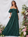 Elegant Off Shoulder Puff Sleeves Sequin A Line Dress - Elonnashop