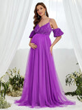 Maternity Cold Shoulder Sequin Bodice Contrast Mesh Hem Dress - Elonnashop