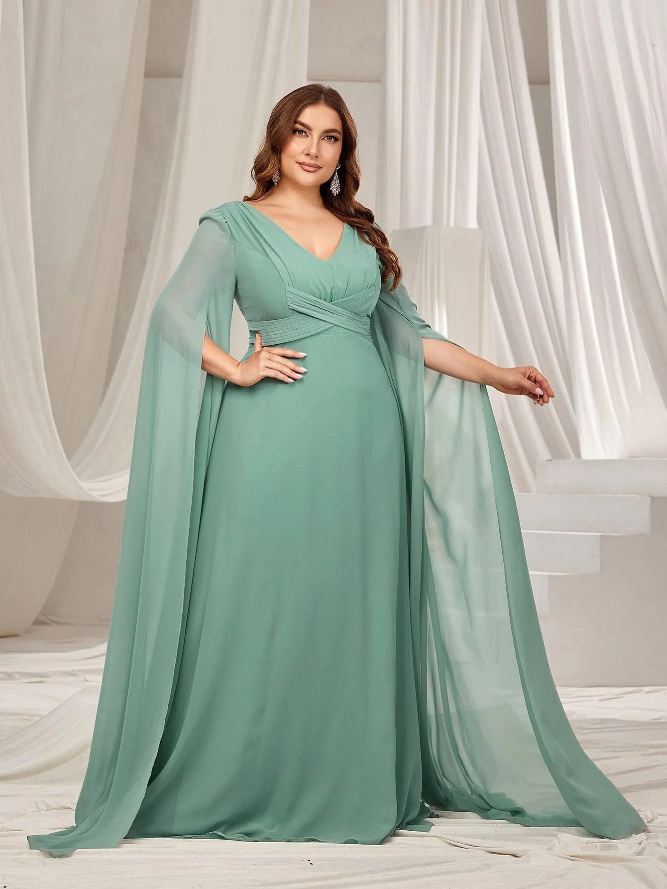 Plus Solid Ruched Front Extra-Long Sleeves Chiffon Prom Dress - Elonnashop