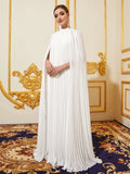 Mock Neck Pleated Chiffon Dress With Cape - Elonnashop