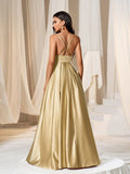 Plunging Neck Floor Length Satin Cami Party Dress - Elonnashop