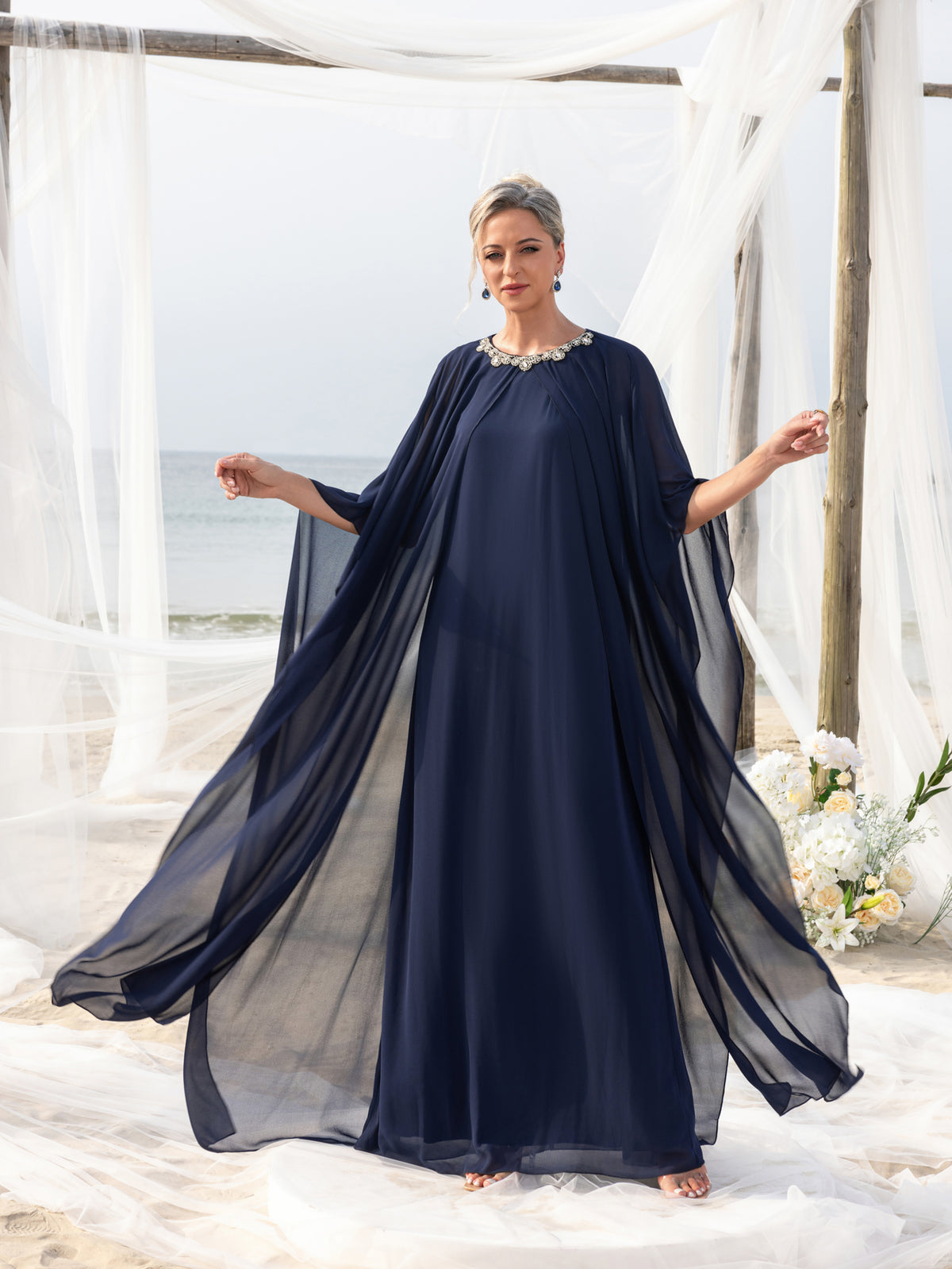 Womens' Embellished Round -Neck Formal Dress with Sheer Chiffon Cape Sleeves
