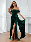 Off Shoulder Ruched Front Draped Side Velvet Party Dress - Elonnashop